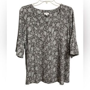 J. Jill Paisley Print Women's Top Size S Grey White 3/4 Sleeve Boho Cottagecore